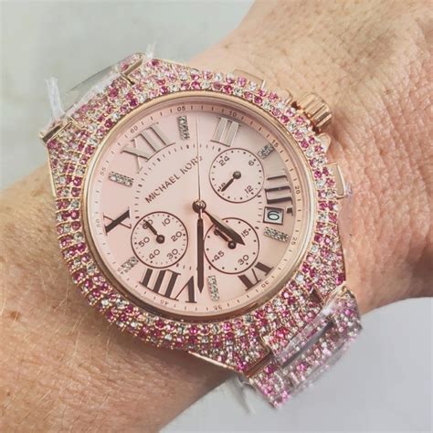 New Michael Kors Pink Camille Extreme Glitz Rose Gold Watch NIB